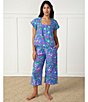 Color:Crocus - Image 5 - Short Sleeve Square Neck Pintuck Detail Woven Hummingbird Floral Print Cropped Pajama Set