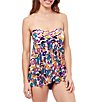 Color:Multi - Image 1 - Echo Abstract Printed Bandeau Flyaway Draped Tummy Control One Piece Swimsuit