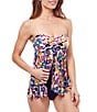 Color:Multi - Image 3 - Echo Abstract Printed Bandeau Flyaway Draped Tummy Control One Piece Swimsuit