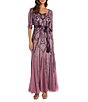 Color:Rose - Image 1 - 3/4 Sleeve Sweetheart Neck Tie Waist Godet Insets Sequin Embellished Gown