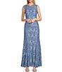 Color:Dust/Blue - Image 1 - Illusion Shoulder High V-Neck Sleeveless Lace Sheath Gown