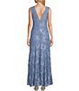 Color:Dust/Blue - Image 2 - Illusion Shoulder High V-Neck Sleeveless Lace Sheath Gown