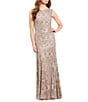 Color:Champagne - Image 1 - Illusion Shoulder High V-Neck Sleeveless Lace Sheath Gown