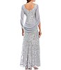 Color:Silver - Image 2 - Matte Chiffon V-Neck Short Drape Back Sleeve Beaded Stretch Mesh Sheath Gown