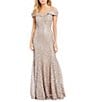 Color:Champagne - Image 1 - Off-the-Shoulder Cap Sleeve Floral Lace Mermaid Gown