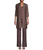 Color:Fig - Image 1 - Petite Size Scalloped Glitter Lace Duster Stretch 3-Piece Pant Set