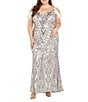 Color:Ivory/Pewter - Image 1 - Plus Size Mesh Jersey Chiffon Cold Shoulder Sleeve Sweetheart Neck Embroidered Sequin Dress