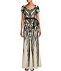 Color:Champagne/Black - Image 1 - Short Sleeve Sweetheart Neck Embellished Sequin Panel Godet Dress