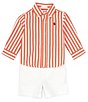 Color:Coastal Orange/White - Image 1 - Baby Boys 3-24 Months Long Sleeve Striped Woven Shirt & Chino Shorts Set