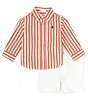 Color:Coastal Orange/White - Image 3 - Baby Boys 3-24 Months Long Sleeve Striped Woven Shirt & Chino Shorts Set