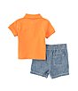 Color:Summer Coral - Image 2 - Baby Boys 3-24 Months Short Sleeve Polo Bear Polo Shirt & Chambray Shorts Set