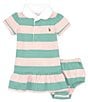 Color:Celadon/Hint Of Pink - Image 3 - Baby Girls 3-24 Months Short Sleeve Striped Jersey Rugby Dress