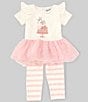 Color:Ivory - Image 1 - Baby Girls 12-24 Months Short Sleeve Birthday Cake Applique/Pindotted Tutu-Skirted Dress & Striped Leggings Set