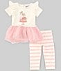 Color:Ivory - Image 2 - Baby Girls 12-24 Months Short Sleeve Birthday Cake Applique/Pindotted Tutu-Skirted Dress & Striped Leggings Set