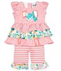 Color:Coral - Image 1 - Baby Girls 3-24 Months Easter-Bunny-Face Applique Mixed-Media Fit-And-Flare Dress & Striped Leggings Set