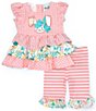 Color:Coral - Image 3 - Baby Girls 3-24 Months Easter-Bunny-Face Applique Mixed-Media Fit-And-Flare Dress & Striped Leggings Set