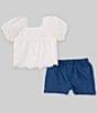 Color:White - Image 1 - Baby Girls 3-24 Months Short Puff Sleeve Scalloped Eyelet Top & Jean Short Set