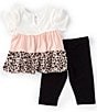 Color:Black Multi - Image 3 - Baby Girls 3-24 Months Short-Sleeve Color Block/Cheetah-Printed Knit Babydoll Top & Solid Leggings Set