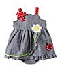 Color:Navy - Image 1 - Baby Girls 3-24 Months Sleeveless Daisy/Ladybug-Appliqued Checked Seersucker Dress