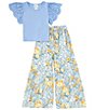 Color:Blue - Image 1 - Big Girls 7-16 Flutter-Sleeve Eyelet-Embroidered Tunic Top & Printed Palazzo Pant Set
