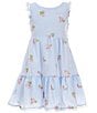 Color:Blue - Image 1 - Big Girls 7-16 Flutter-Sleeve Striped/Floral-Embroidered Seersucker Dress