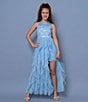 Color:Periwinkle - Image 3 - Big Girls 7-16 Glitter-Accented Illusion-Bodice/Cascading Chiffon Ballgown