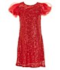 Color:Red - Image 1 - Big Girls 7-16 Organza-Puffed-Sleeve Sequin-Embellished-Mesh Shift Dress