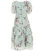 Color:Mint - Image 2 - Big Girls 7-16 Puffed-Sleeve Floral Print Tiered Dress