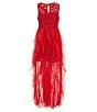 Color:Red - Image 2 - Big Girls 7-16 Sleeveless Glitter-Accented Lace/Mesh Cascading-Skirted Ballgown