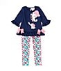 Color:Navy - Image 1 - Little Girls 2T-6X 3/4-Sleeve Elephant-Applique Tunic Top & Floral Print Leggings Set