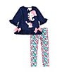 Color:Navy - Image 2 - Little Girls 2T-6X 3/4-Sleeve Elephant-Applique Tunic Top & Floral Print Leggings Set