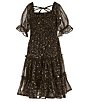 Color:Black - Image 2 - Little Girls 2T-6X 3/4 Sleeve Foiled-Printed Fit-And-Flare Dress