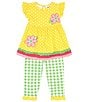 Color:Yellow - Image 1 - Little Girls 2T-6X Flutter Sleeve Dotted Knit Flower-Appliqued Dress & Checked Leggings Set