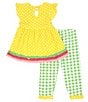 Color:Yellow - Image 2 - Little Girls 2T-6X Flutter Sleeve Dotted Knit Flower-Appliqued Dress & Checked Leggings Set