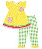 Color:Yellow - Image 3 - Little Girls 2T-6X Flutter Sleeve Dotted Knit Flower-Appliqued Dress & Checked Leggings Set