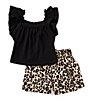 Color:Black - Image 1 - Little Girls 2T-6X Flutter-Sleeve Solid Tunic Top & Cheetah-Printed Shorts Set