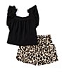 Color:Black - Image 2 - Little Girls 2T-6X Flutter-Sleeve Solid Tunic Top & Cheetah-Printed Shorts Set