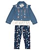 Color:Pink - Image 1 - Little Girls 2T-6X Long Sleeve Denim Jacket, Lace-Hem Knit Top & Printed Leggings Set