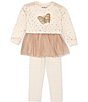Color:Ivory - Image 1 - Little Girls 2T-6X Long Sleeve Sequin-Embellished Butterfly Motif Tutu Sweatshirt & Striped Leggings Set