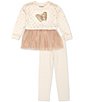 Color:Ivory - Image 2 - Little Girls 2T-6X Long Sleeve Sequin-Embellished Butterfly Motif Tutu Sweatshirt & Striped Leggings Set