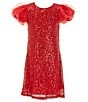 Color:Red - Image 1 - Little Girls 2T-6X Organza-Puffed-Sleeve Sequin-Embellished Shift Dress