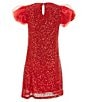 Color:Red - Image 2 - Little Girls 2T-6X Organza-Puffed-Sleeve Sequin-Embellished Shift Dress