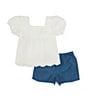 Color:White - Image 1 - Little Girls 2T-6X Puffed-Sleeve Eyelet-Embroidered Top & Denim Shorts Set