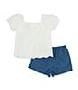 Color:White - Image 2 - Little Girls 2T-6X Puffed-Sleeve Eyelet-Embroidered Top & Denim Shorts Set