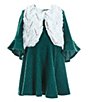 Color:Hunter - Image 1 - Little Girls 2T-6X Sleeveless Printed Faux Fur Vest & Bell Sleeve Brushed Knit Shift Dress Set