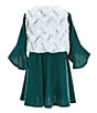 Color:Hunter - Image 2 - Little Girls 2T-6X Sleeveless Printed Faux Fur Vest & Bell Sleeve Brushed Knit Shift Dress Set