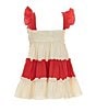 Color:Red - Image 2 - Little Girls 2T-6X Sleeveless Strawberry-Crochet-Bodice/Color Block Gauze Skirted Dress