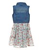 Color:Aqua - Image 2 - Little Girls 4-6X Sleeveless Denim Vest & Sleeveless Ditsy Floral-Printed Fit & Flare Dress