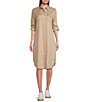 Color:Latte - Image 1 - Annie Point Collar 3/4 Roll-Tab Sleeve Button Front Frayed Hem Shirt Dress