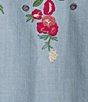 Color:Light Wash - Image 4 - Chambray 3/4 Sleeve Split V-Neck Floral Embroidered Frayed High-Low Hem Peasant Tunic